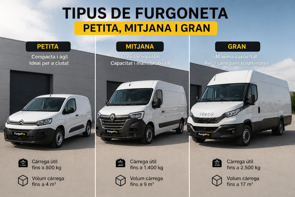 comparativa de furgonetes petita mitjana i gran per a professionals mostrant capacitat i usos en treball diari